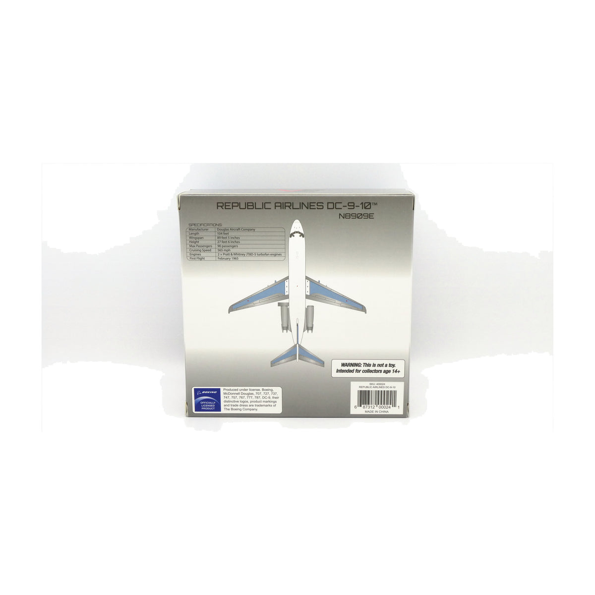 V1:400 1:400 scale Republic Airlines DC-9-10 N8909E diecast model - packaging back with specifications
