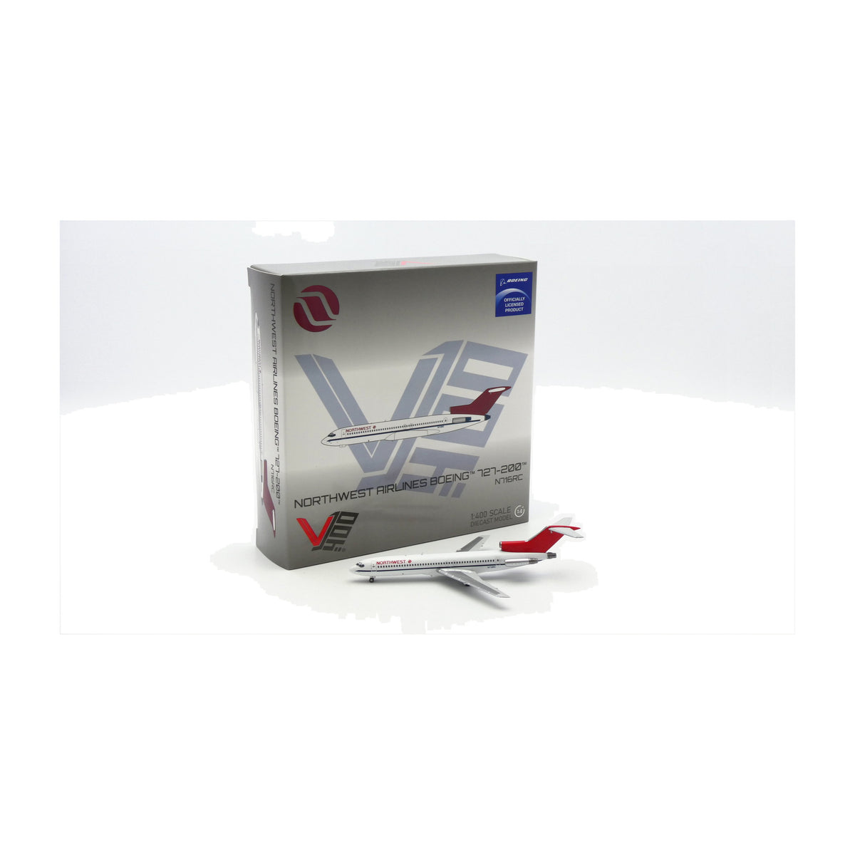 V1:400 1:400 scale Northwest Airlines Boeing 727-200 N716RC diecast model - packaging with the model