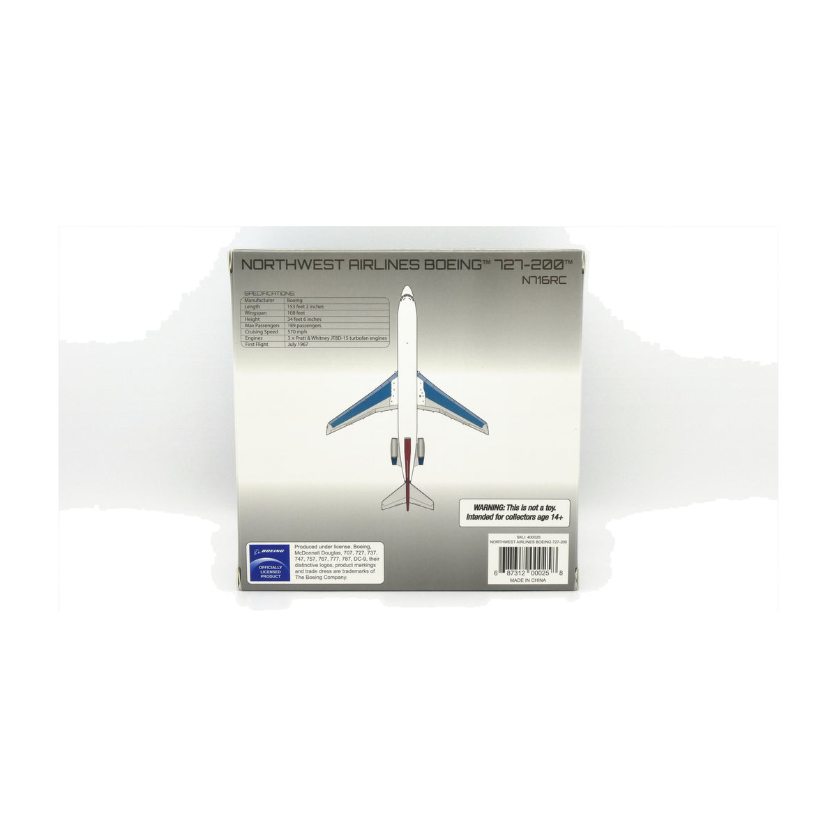 V1:400 1:400 scale Northwest Airlines Boeing 727-200 N716RC diecast model - packaging back with specifications