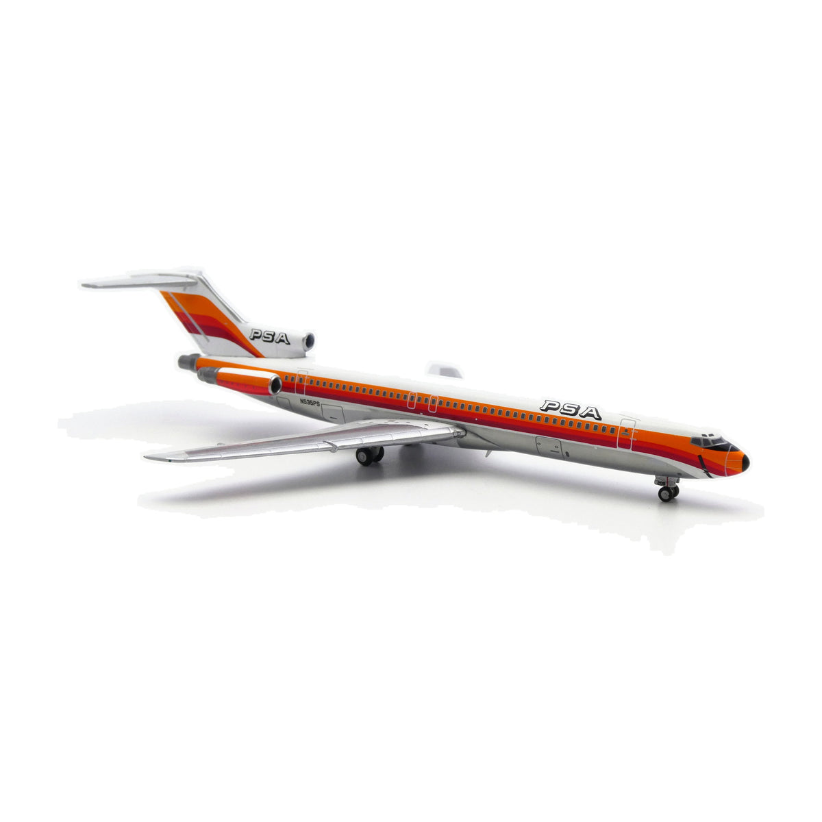 V1:400 1:400 scale PSA Boeing 727-200 Orange N535PS diecast model - nose three-quarter view