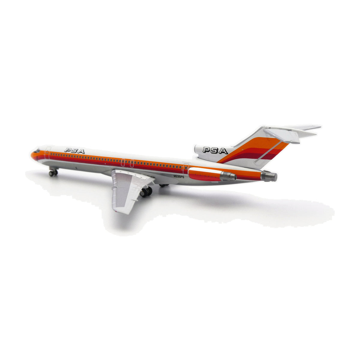 V1:400 1:400 scale PSA Boeing 727-200 Orange N535PS diecast model - rear three-quarter view