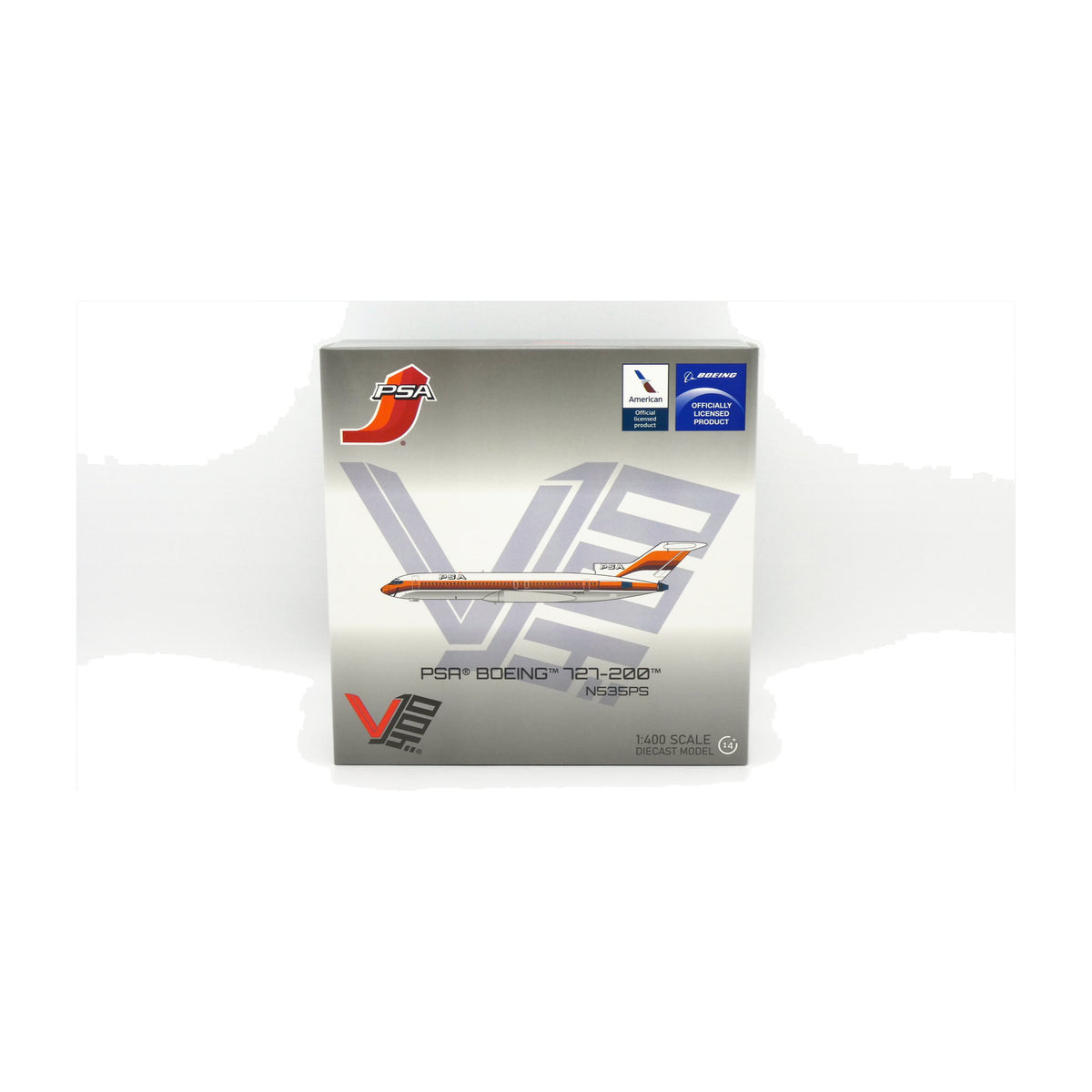 V1:400 1:400 scale PSA Boeing 727-200 Orange N535PS diecast model - packaging front
