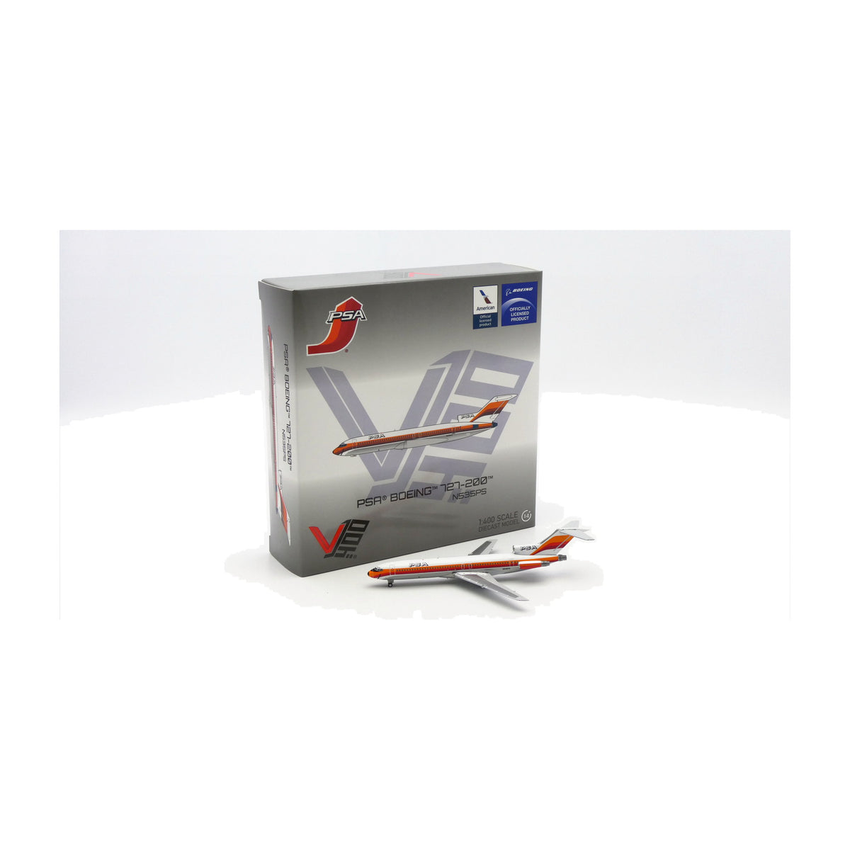 V1:400 1:400 scale PSA Boeing 727-200 Orange N535PS diecast model - packaging with the model