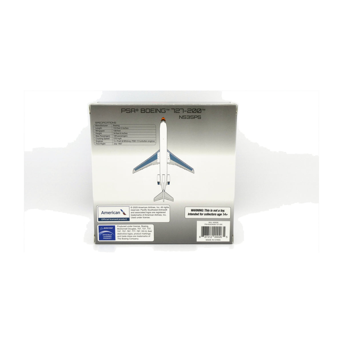 V1:400 1:400 scale PSA Boeing 727-200 Orange N535PS diecast model - packaging back with specifications