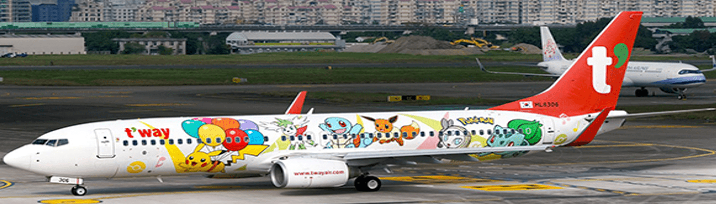 Pre - Order Jc Wings SA2TWB037A 1:200 T'way Air Boeing 737 - 800 "Pikachu Jet TW" (Flaps Down)